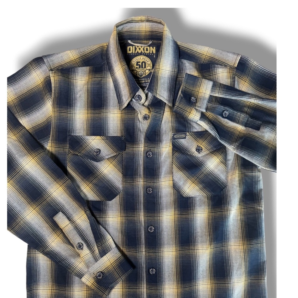 Dixxon Flannel Company Cycle Gear 50 Years Mens Small Blue Gold Plaid Button Up